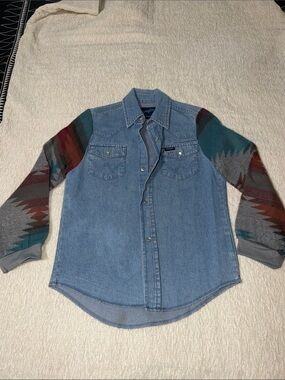 Wrangler Denim Button-Down Shirt with Patterned Knit Sleeves - Blue, Green, Red